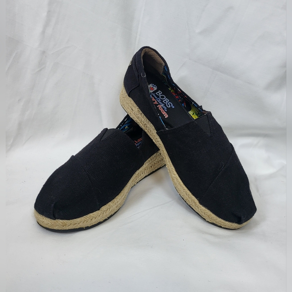 Bobs Skechers Womens Black Highlights Memory‎ Foam Slip On Espadrille Wedge 8.5M